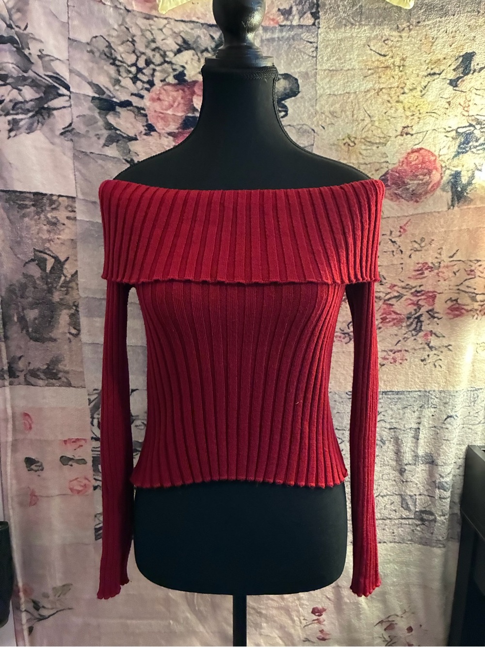 Off-Shoulder Ribbed Sweater Top - Red